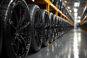 Car wheels with tires on the store counter. Sale of tires, auto shop