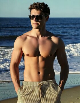 Homem Fitness com &Oacute;culos de Sol em Ambiente Praiano
