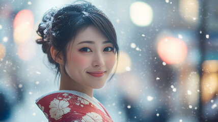 Fototapeta premium 都会の冬を楽しむ着物美人