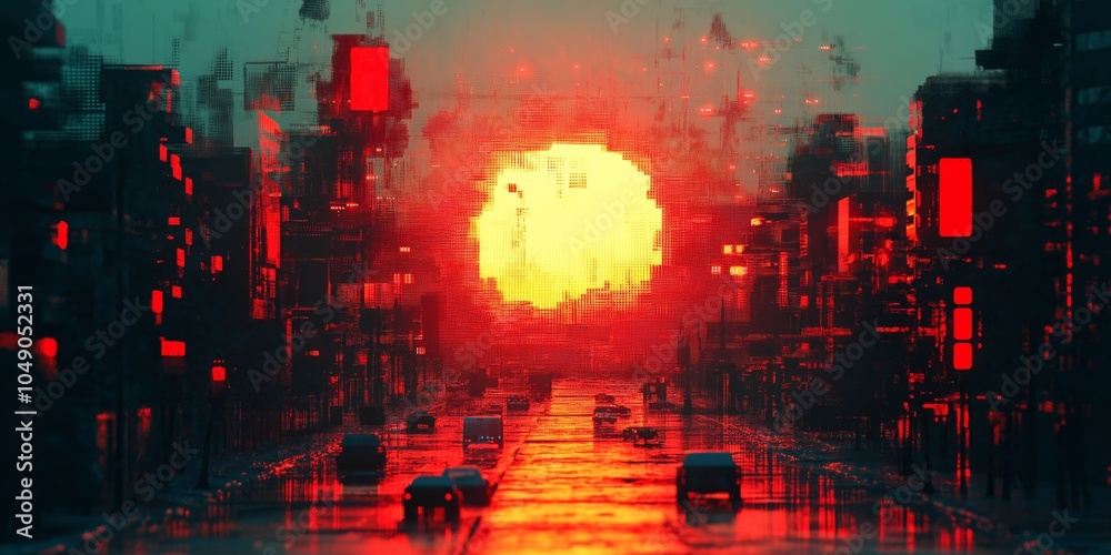 Wall mural A cyberpunk-inspired abstract illustration featuring a glitch effect with a vibrant orange sun setting over a futuristic city street