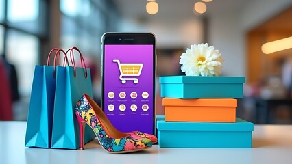 online shopping list and free shipping through mobile app marketplace and home delivery with application user interface menu mockup screen and credit card payment, no actual brands used in design 