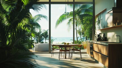Fototapeta premium Corner view of home kitchen interior with eating table and chairs. Cooking cabinet and dining space in modern apartment. Panoramic window on tropics. generative ai