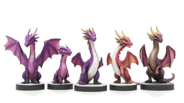 Five Detailed Dragon Figures on Transparent Background Generative AI