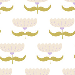 Floral seamless pattern with chamomile flowers in retro groovy style. Vector background with abstract geometric flowers