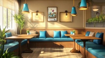 Fototapeta premium Cozy cafe with blue cushioned seating, wooden tables, and natural lighting