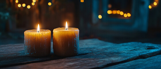 Two Burning Candles on a Wooden Table with a Blue Background