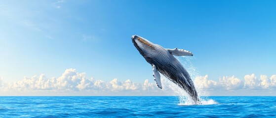Naklejka premium Humpback whale leaps from blue waters, surrounded by fluffy clouds against a clear sky