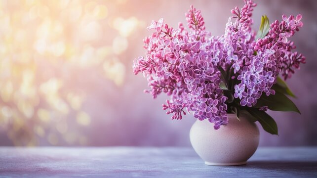 Serene lilac flower arrangement in ceramic vase on soft, blurred background