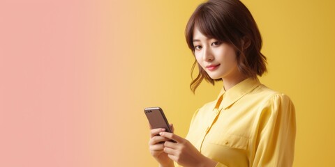 Fototapeta premium Woman is holding a cell phone in her hand and looking at it. Concept of modern technology and the importance of staying connected in today's world