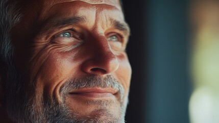 Fototapeta premium Man with a beard and gray hair is smiling. He has a blue eye. The man is looking out the window