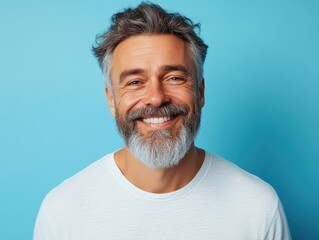 Obraz premium Man with a white shirt and gray hair is smiling. He has a beard and mustache. He is wearing a white shirt and blue jeans