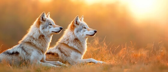  Two dogs seated side by side atop a verdant field, trees framing the background