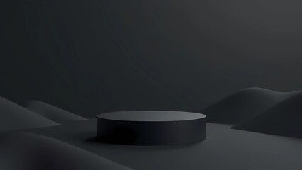 A black podium in the center of a black desert landscape . Minimalist style. Demonstration of goods and services