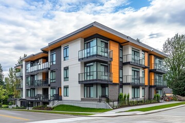 Obraz premium Exterior view of modern apartment building. New construction apartment or condo complex. Modern new residential apartment house building complex generative ai