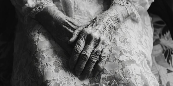 Woman in a lace dress is sitting with her hands clasped. Concept of elegance and grace, as the lace dress and the woman's posture suggest a formal or sophisticated occasion