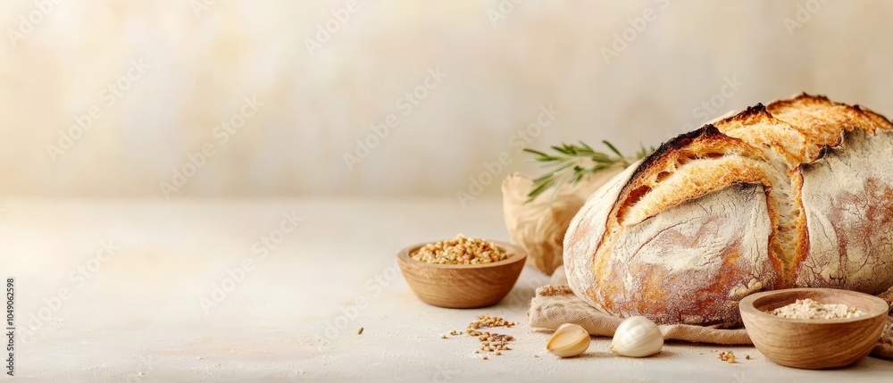 Wall mural a loaf of bread atop a table, adjacent two petite wooden bowls brimming with nuts and herbs