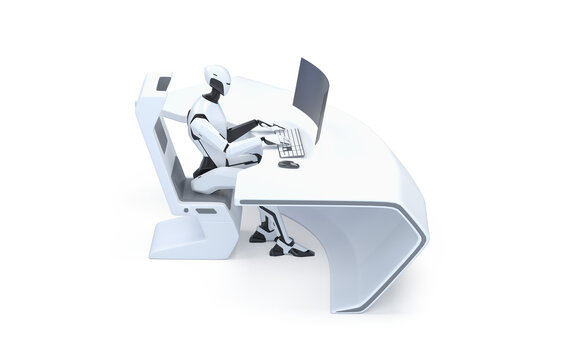 Robot Sitting Working on PC Automation 3D Artificial Intelligence Concept isolated on alpha transparent background