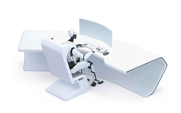 Robot Sitting Working on PC Automation 3D Artificial Intelligence Concept isolated on alpha transparent background