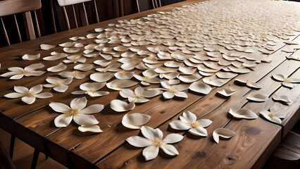 Obraz premium A rustic wooden table covered in delicate, embossed flower petals, with each petal casting soft shadows, creating an enchanting floral pattern across the surface.