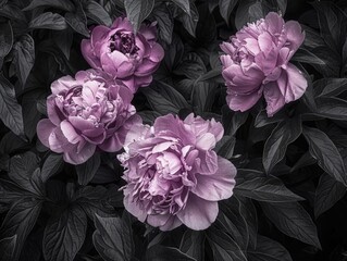 Obraz premium Close-up of four beautiful purple flowers, each with a distinct shape and size. The flowers are surrounded by dark foliage, creating a striking contrast between the vibrant colors of the flowers