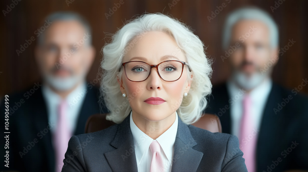 Wall mural confident businesswoman leading a meeting with two male colleagues in a corporate office setting