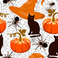 Halloween seamless pattern with pumpkin, hat, cat and spider.
