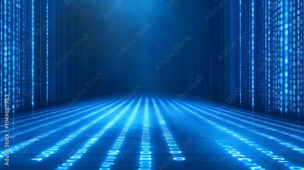 Poster futuristic blue binary code backdrop creates a tech atmosphere in virtual space