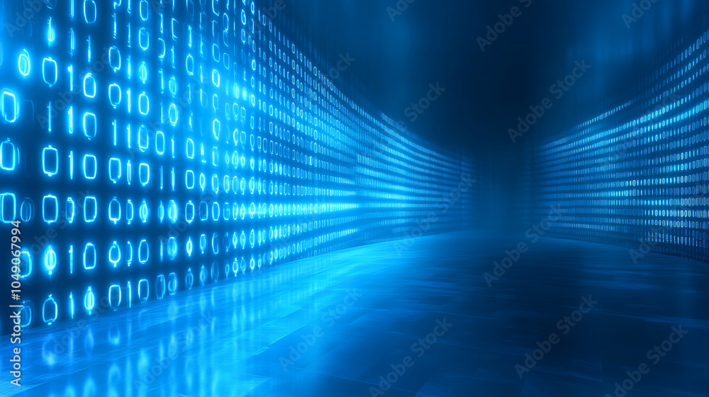 Poster a digital landscape illuminated by streams of binary code in a mesmerizing blue hue
