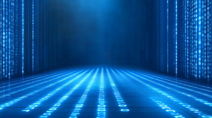 Futuristic blue binary code backdrop creates a tech atmosphere in virtual space
