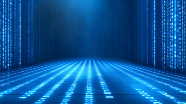 Futuristic blue binary code backdrop creates a tech atmosphere in virtual space