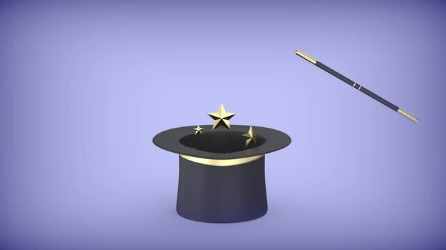 Performing a magic trick with a magic hat and wand as golden stars rise from the hat