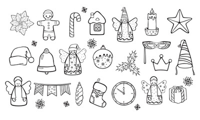 A large set of  cartoon New Year and Christmas symbols and objects.  Hand drown arvector line drawings of toys isolated on white background.