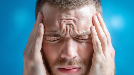 Fototapeta premium Frustrated man holding his head while experiencing discomfort against a blue background
