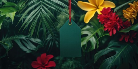 Green Tag on Red String with Flowers