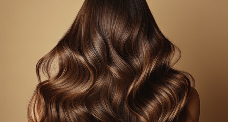 Fototapeta premium A woman with long brown hair is shown with a shiny, wavy texture. The hair is styled in a way that it is flowing and has a natural, healthy look. Scene is one of confidence and beauty