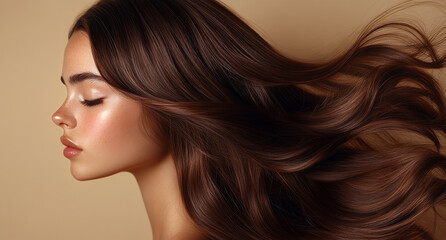 Fototapeta premium A woman with long brown hair is shown with a light makeup look. The hair is styled in a way that it is flowing in the wind. Scene is one of elegance and sophistication