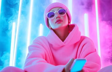Young person in a pink hoodie and sunglasses poses confidently with a smartphone under neon lights