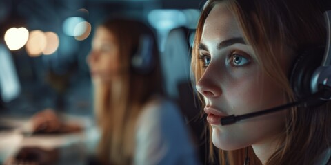 Woman wearing a headset is looking at a computer screen. She is wearing headphones and she is focused on her work