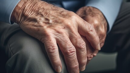 Fototapeta premium Man with wrinkled hands is sitting on a chair. Concept of aging and vulnerability