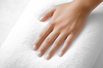 Soft hand on a white towel, showcasing relaxation and self-care in a tranquil space