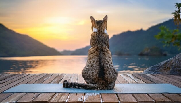  tranquil cat sits calmly on a wooden deck, admiring a beautiful sunset over tropical waters with mountains in the distance, embodying peace, relaxation, and the serenity of nature in a Thailand parad