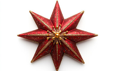 Fototapeta premium A red star with gold and silver decorations. The star is the center of attention and is surrounded by a white background. The star is shiny and sparkly, giving it a festive and celebratory feel