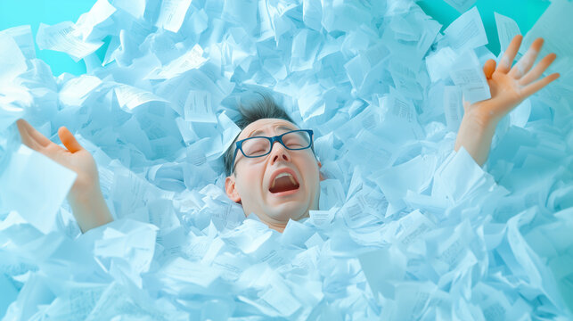 Man overwhelmed by paper clutter in a chaotic office environment during the day