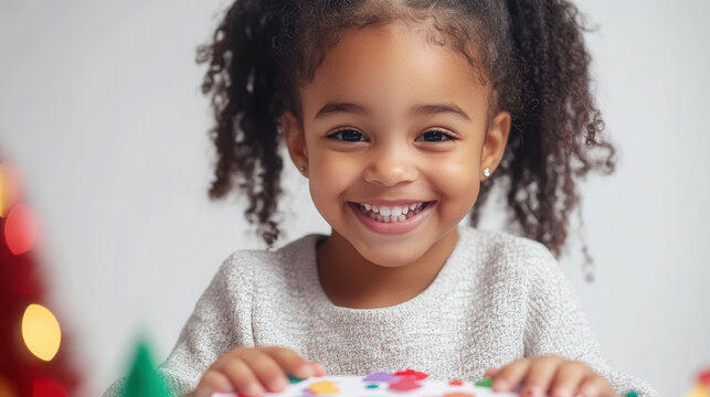 Joyful young girl engaged in craft activity with festive holiday decorations