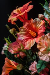 Bouquet of flowers with a mix of pink and orange colors. The flowers are arranged in a vase and are placed on a black background. Scene is warm and inviting