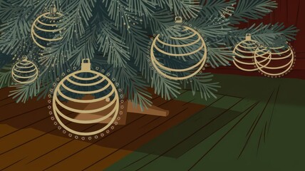On a wooden floor, there is a Christmas tree with flat Christmas tree decorations, without any decorations.