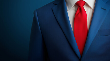 The focus is on a stylish blue suit jacket and a striking red tie, symbolizing modern men's fashion