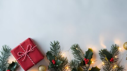 On a pure white background below there are green branches, Christmas tree decorations and one red gift. Banner, template