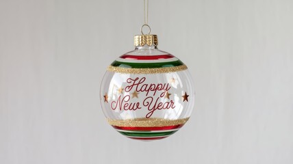 On the white banner is a Christmas tree decoration in the form of a transparent ball with wishes for a happy New Year. Concept, minimalism, sale