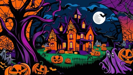 Spooky Halloween illustration featuring a haunted house surrounded by glowing pumpkins
